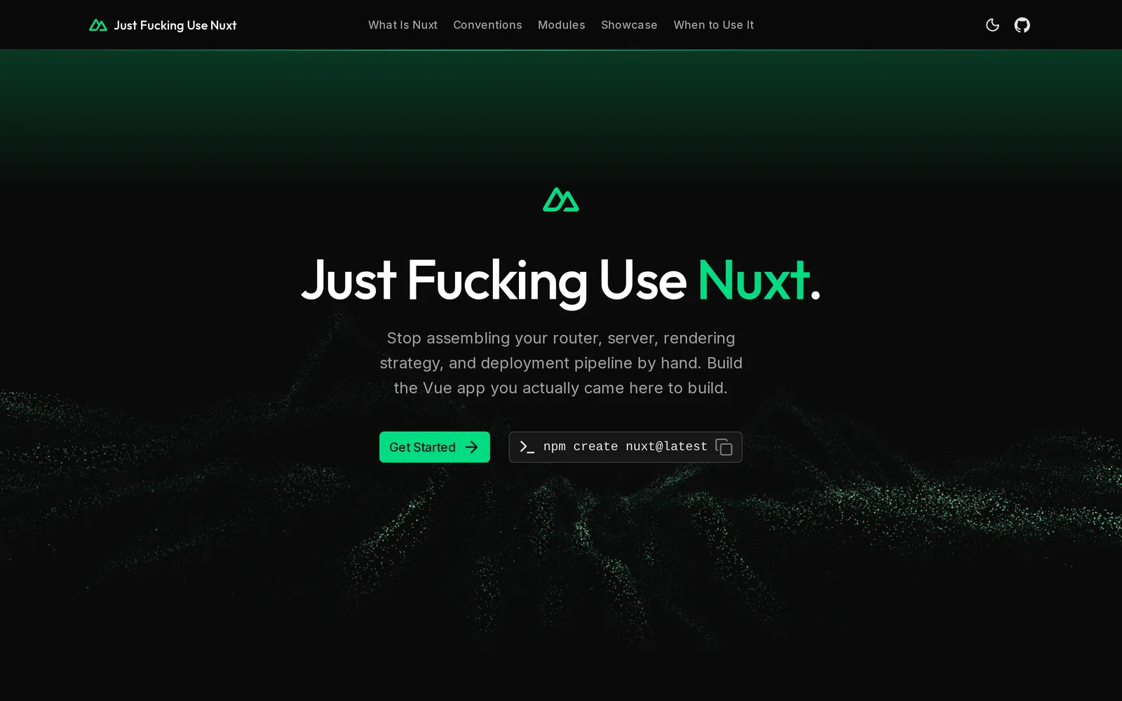 New hero: Nuxt mark, headline, two actions, and particle mountains below