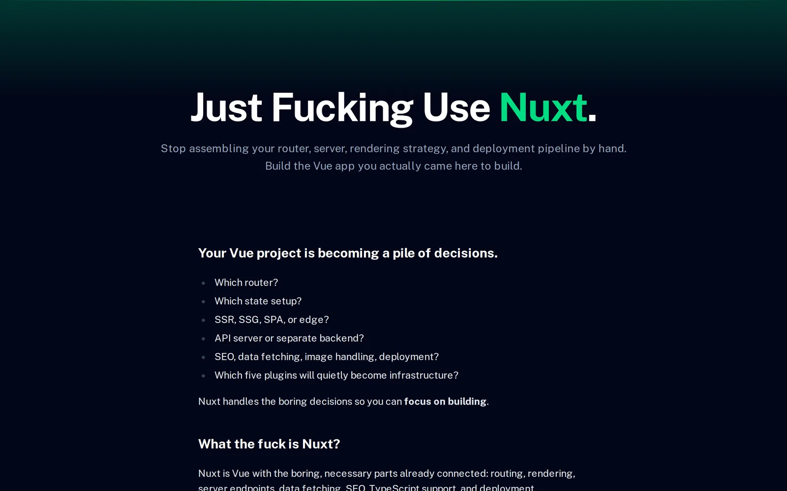 Old hero: headline and description on a flat green glow